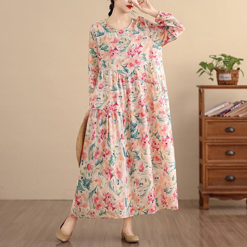 DIMANAF New 2025 Women Plus Size Spring Long Dress Loose Basic Vintage Oversize Long Sleeve Maxi Floral