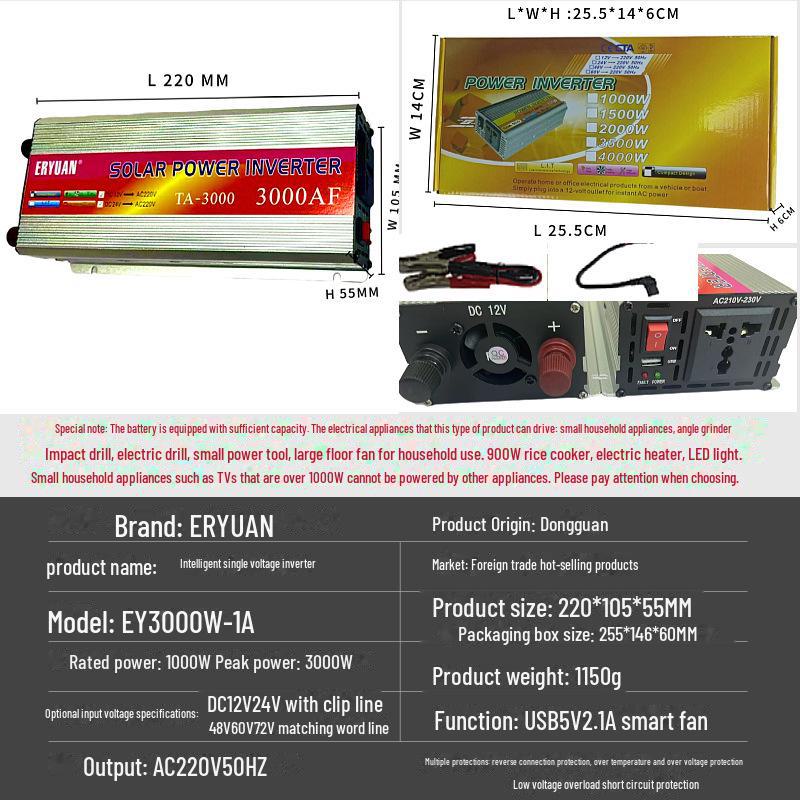 500W/1000W 12V/24V to 220V Solar Car Inverter with USB & Anti-Reverse Protection
