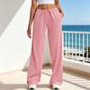 Women Pants Elastic High Waist Wide Leg Casual Trousers with Adjustable Drawstring Pockets Pure Color Loose Fit Long Pants