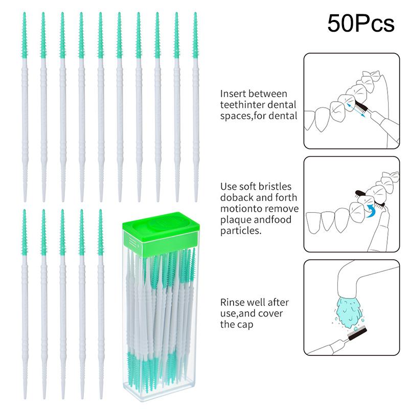 50Pcs Double-End Interdental Brush Clean Between Teeth Extended Massage Disposable Silicone Toothpicks Brush