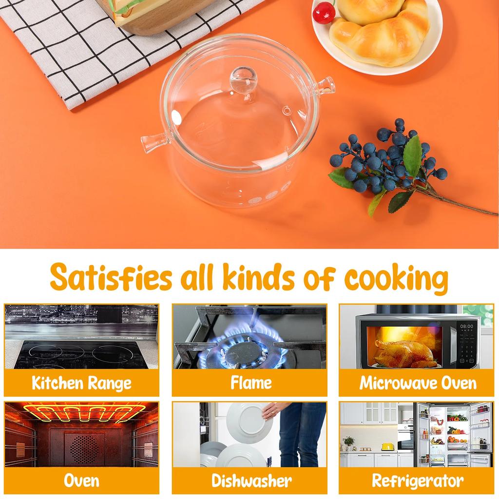 Clear Cooking Pot with Lid and Brush 1500ml Glass Simmer Pot Borosilicate Glass Clear Cookware Nonstick for Pasta Noodle Soup