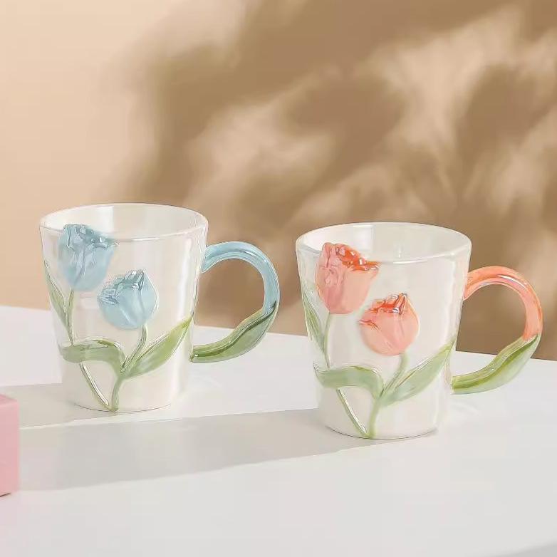 Creative Hand Painted Tulip Mugs High Appearance Level Ins Style Ceramic Cups  Niche Design Sense Drinking Cups and Coffee Cups