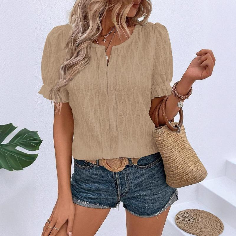 Spring and Summer New V-neck T-shirt Puffed-sleeve Jacquard Women's Casual Loose Short Sleeve