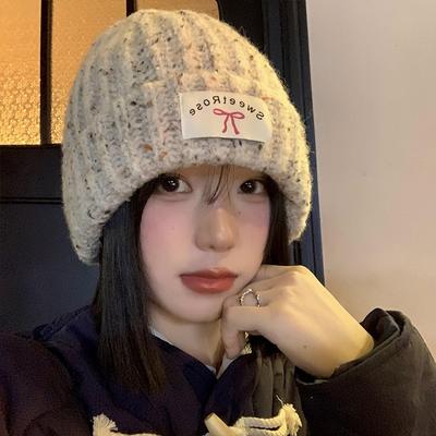 Korean Style Bow Patch Warm Knitted Woolen Hat for Women In Autumn and Winter Cold Hat Showing Face Small Big Head Circumference Hat