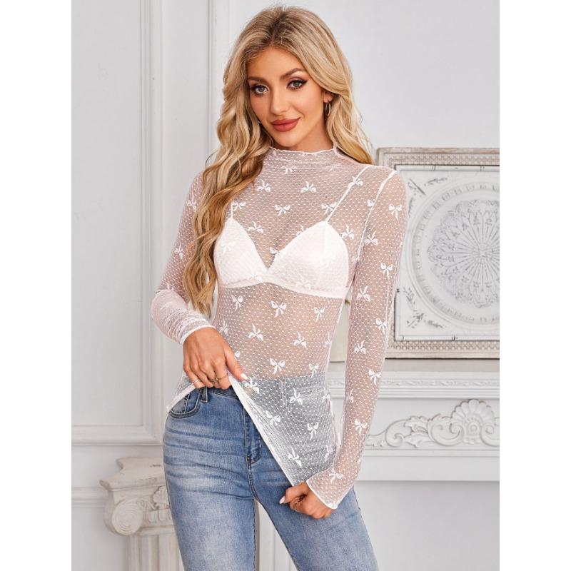 Women Slim Fit Lace Long Sleeve Bow Decorated Half Turtleneck Base Blouse S белый