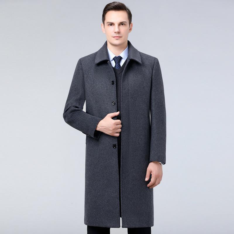 Men's Winter Cashmere Coat, Velvet-Lined, Knee-Length, Warm Woolen Trench for Middle-Aged and Elderly, Dad-Style Outerwear.