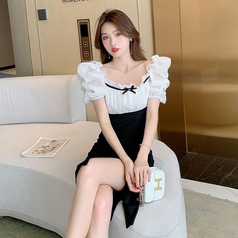 New Slim Temperament Slim Dress Summer French Splicing Hip Skirt Bubble Sleeve Skirt Women