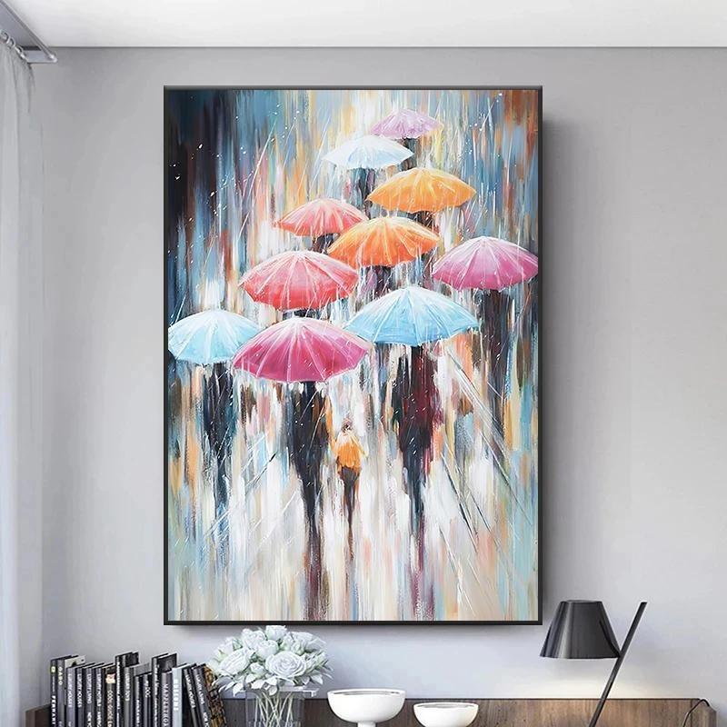 Abstract colourful umbrella landscape in the rain canvas painting oil wall of art for the modern living room home decor cuadros