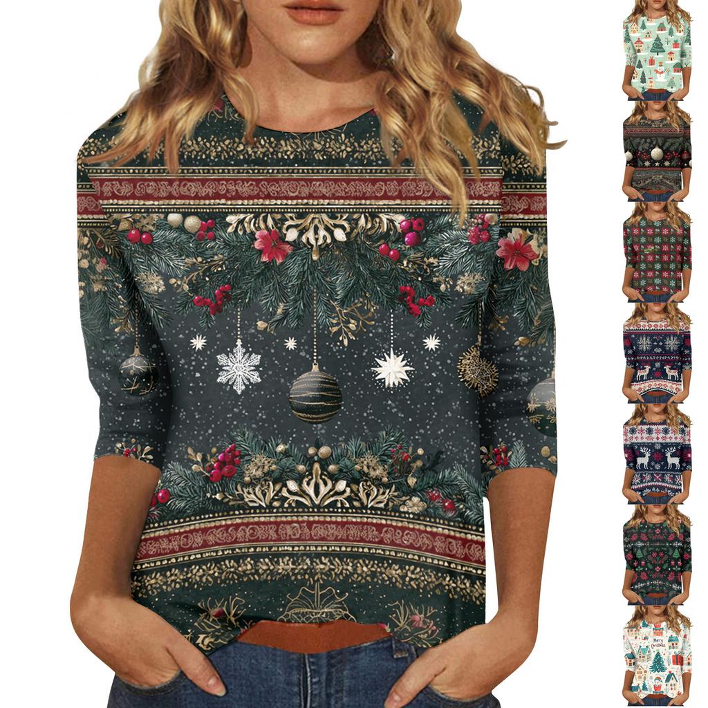 Damebluser Trekvart ermet skjorte V-hals Løs fritidsskjorte Trykk T-skjorte