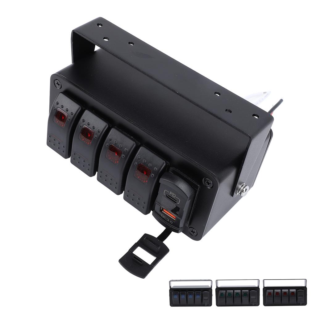 DC 12-24V 4 Gang Rocker Switch Panel with PD Type C QC3.0 USB Charger Waterproof Universal Fit for Car Truck Boat RV UTV ATV