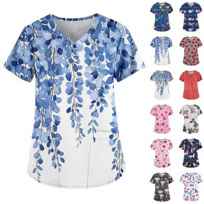 Plus rozmiar drukowane szorowanie jednolite topy robocze dla kobiet z dekoltem w serek z krótkim rękawem zabawne t-shirty odzież robocza Tee z kieszeniami