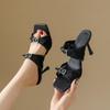 2026 Women's European Square Toe Rhinestone Buckle High Heel Slide Sandals