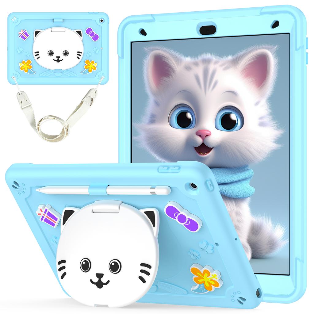 For iPad 10.2 (2021)/(2020)/(2019) Case PC + Silicone Tablet Cover with Cat Kickstand/Shoulder Strap