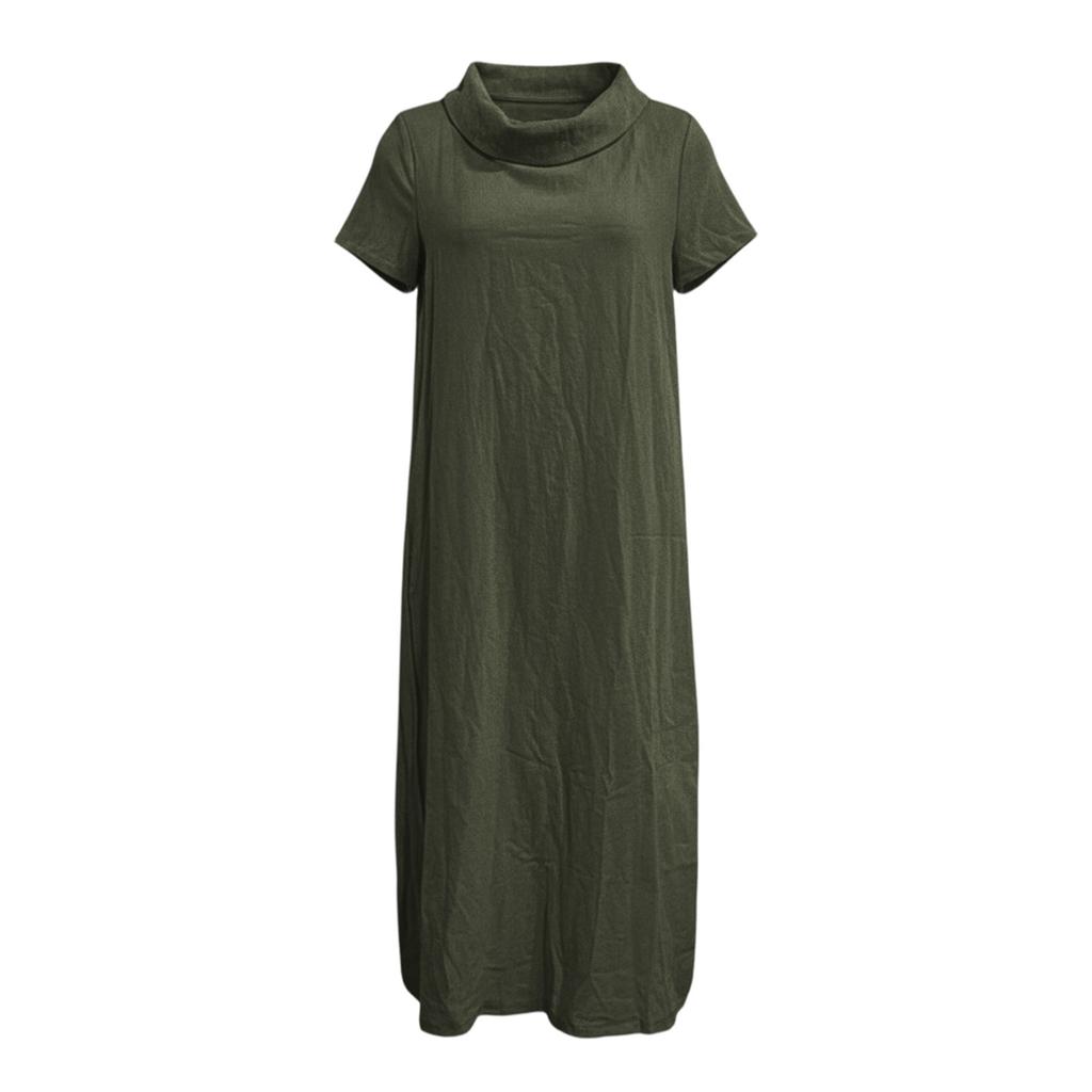 Women's Loose Fit Cowl Neck Maxi Dress Short Sleeve Solid Patterned Casual Linen Floor Length Gown