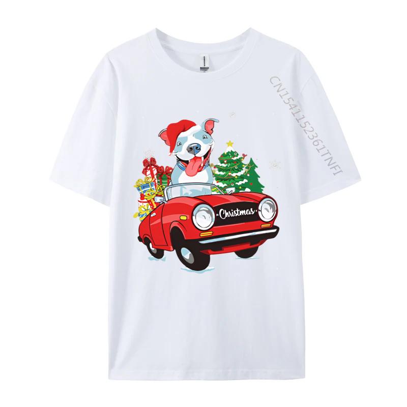 Cute Pitbull Dog Santa Hat Red Car Christmas T Shirt Tees High Quality Cotton Printed Gift T Shirt Men 100 Cotton