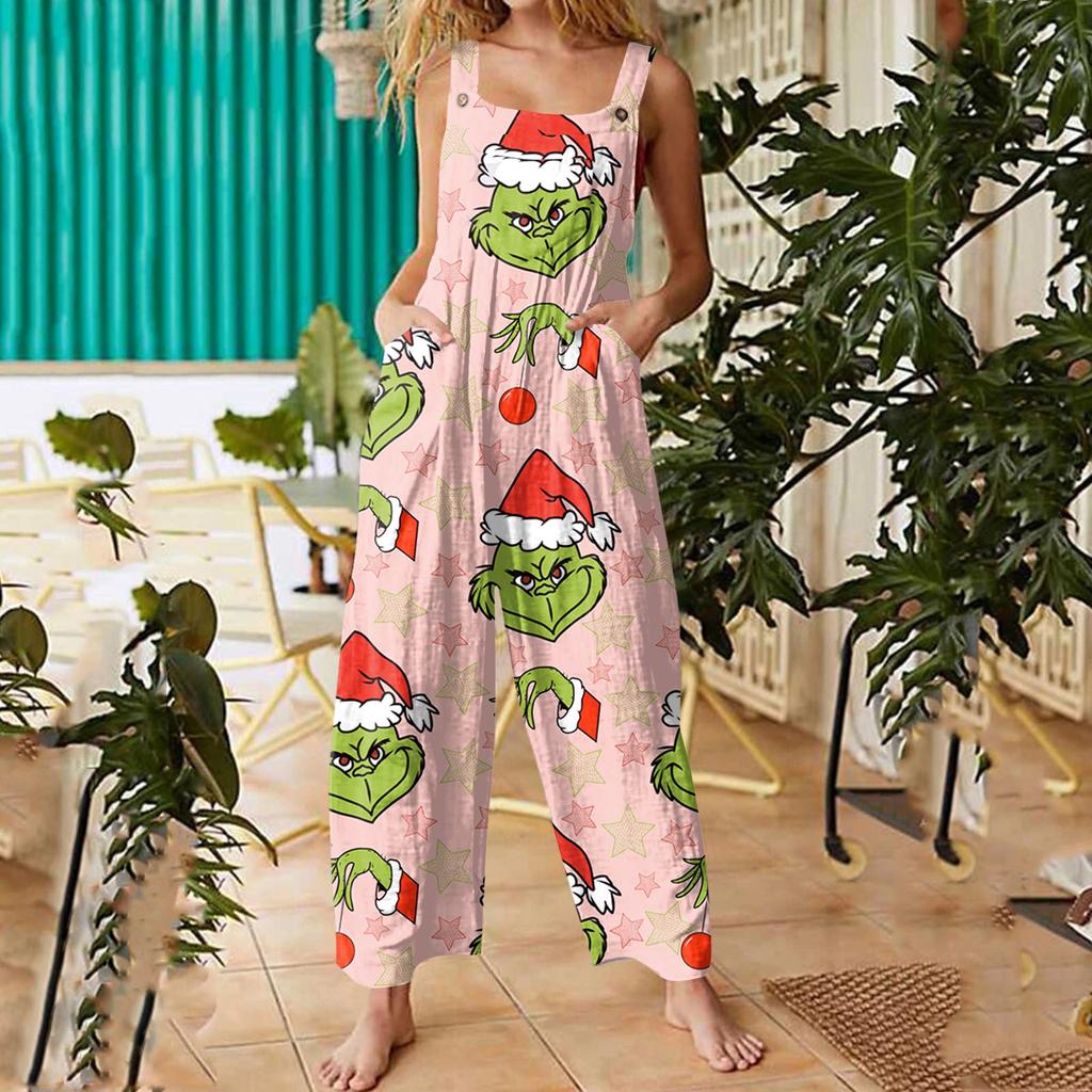 Damen Lässige Overalls Jumpsuits Verstellbare Träger Ärmellos Weihnachtsprint Bequeme Einteiler Mit Tasche