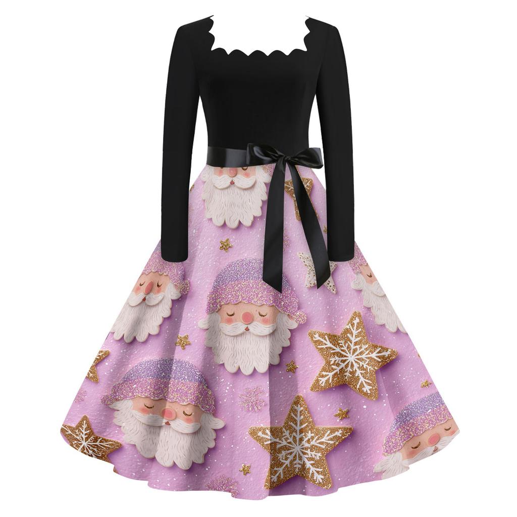 Women's Casual Fashion V Neck Christmas Printed Vintage Dress