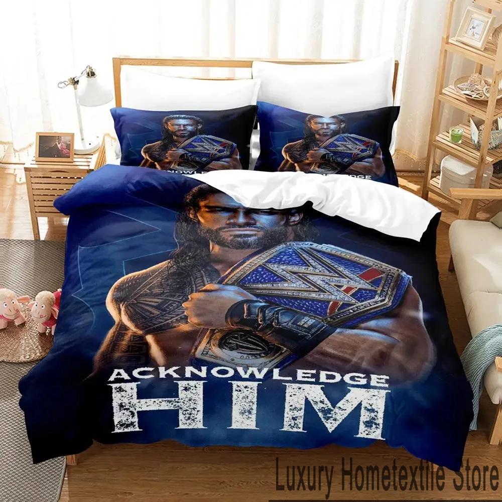 3D-gedrucktes Wrestler-Bettwäsche-Set Roman Reigns für Jungen und Mädchen (Einzel-, Doppel- und Kingsize-Größen) – Bettbezug und Kissenbezug für Erwachsene