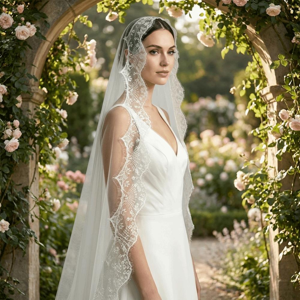 2M Long Bridal Headscarf Lace Edge Muslin Head Covering Elegant Wedding Veil Cathedral Wedding
