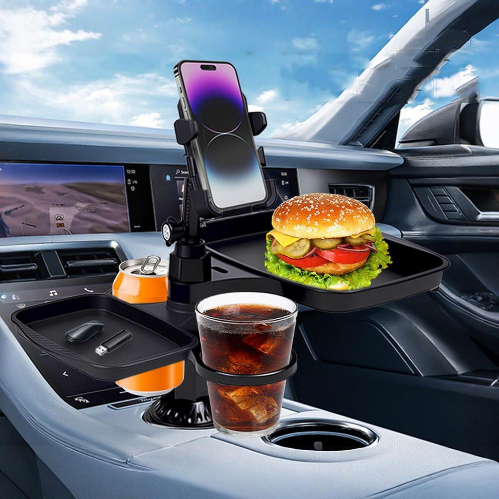 Foldable Car Cup Holder Tray with Phone Holder & Trays