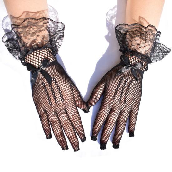 Women's Short Lace Gloves Sheer Mesh Tulle Wrist Length Gloves with Bow Wedding Bridal Fishnet Gloves Opera Tea Party Accessory