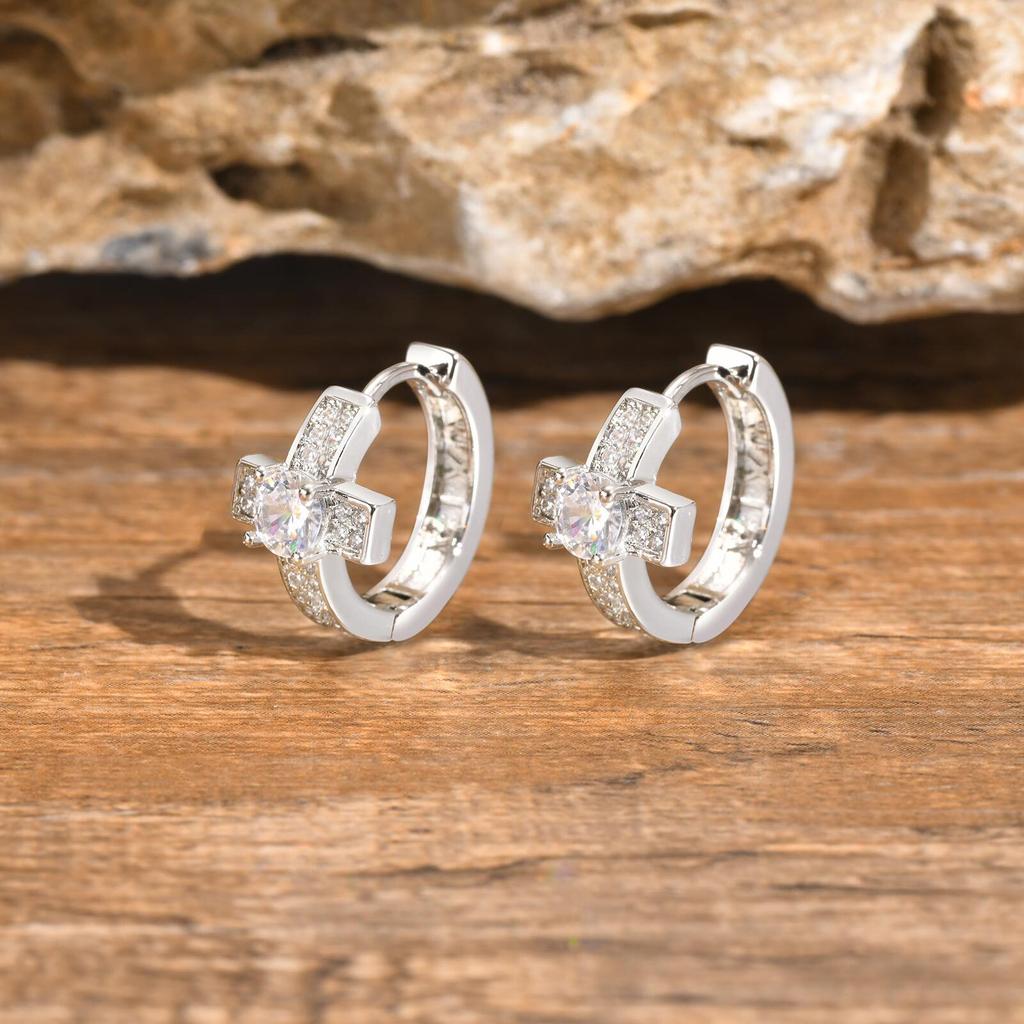 Cross Hoop Earrings for Men Boys,Hip Hop Big Zircon Huggies Earrings,Cool Rap Trendy Zircon Gifts