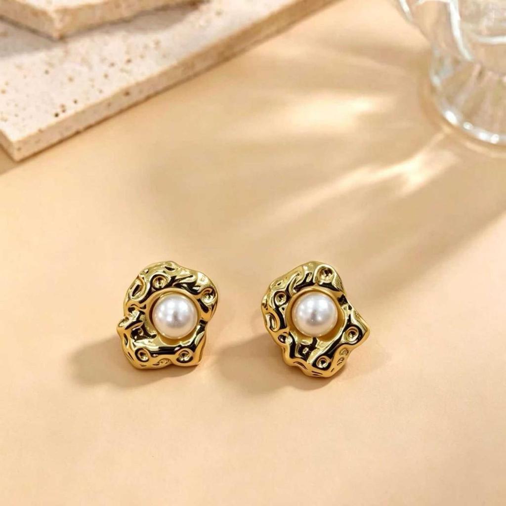 European Retro Pearl Irregular Geometric Stainless Steel Ear Studs