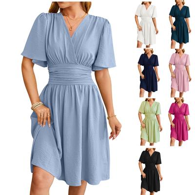 Women's V-Neck Flare Sleeve Dress Waist Belted Elegant Bodycon Cocktail Party Dress