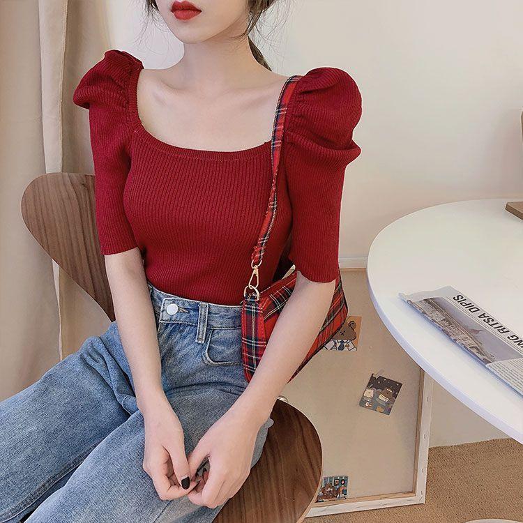 Summer Design Retro Square Neck Slim Knit Top Short Sleeved T-shirt for Women