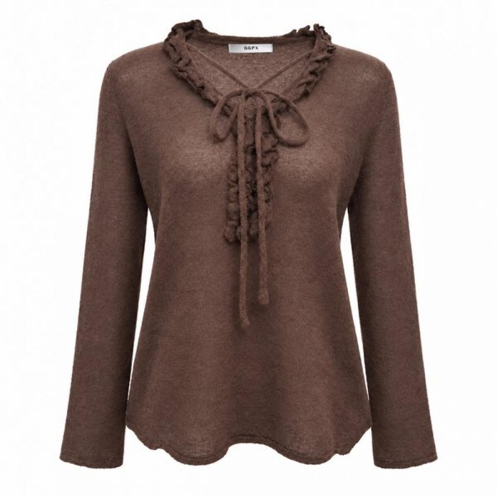 Ggpx New York Frill V Neck Ribbon Silhouette Knit Gq9kp015f