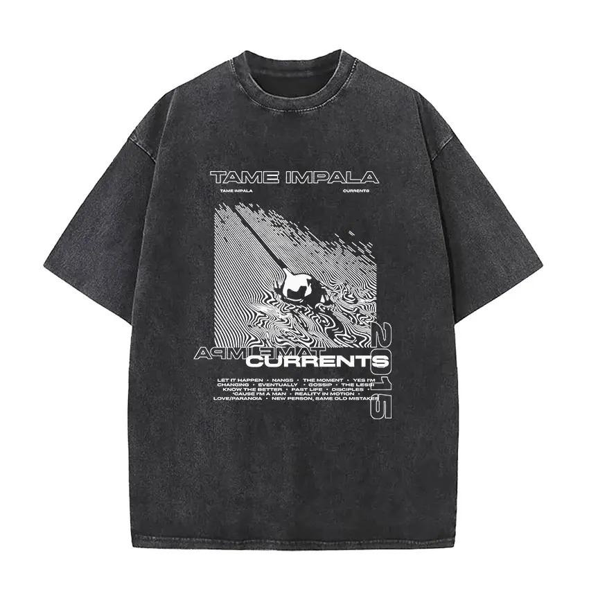2026 Hot Sale Men Women Unisex Washed T‑shirt Tame Impala Currents Music Band Graphic Print O‑Neck Short Sleeve Casual Streetwear Tee Top
