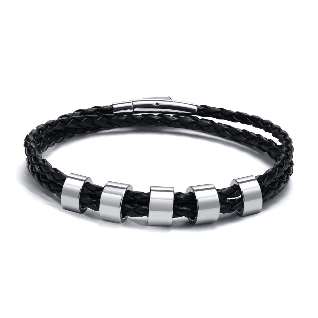 Vnox Free Custom Name Mens Braided Genuine Leather Bracelet Gifts Jewelry,Stainless Steel Beads Charm with Family Names,Dad Gift