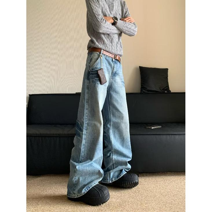 Autumn And Winter New American High Street Washed Light Colored Jeans For Men And Women Straight Leg Slightly Flared Loose Wide Leg Pants