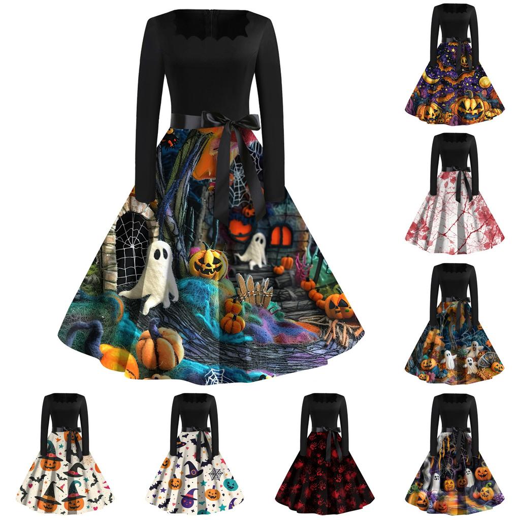 Women's Casual Fashion Halloween Printed Square Neck Vintage Dress