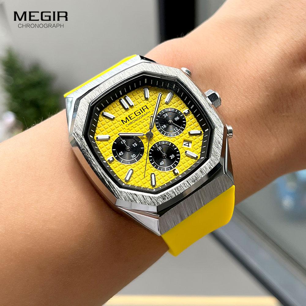 Megir Sport Watch Men Chronograph Quartz Wristwatch with Date Octagon Dial Luminous Hands Silicone Strap