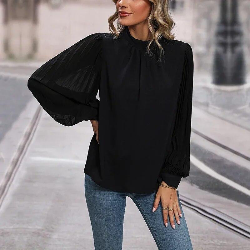 

2023 Свободная простая черная рубашка с воротником-стойкой, женская винтажная плиссированная блузка с длинным рукавом и фонариком, повседневные женские элегантные топы 30142 XL чёрный