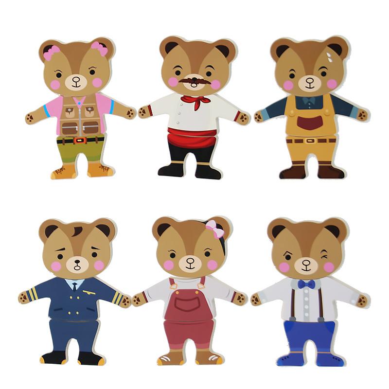Dřevěná hračka Montessori Kreslené zvířátko Převlékání Skládačka Medvěd Převlékání Tvarové párování Puzzle Dětské vzdělávací hračky