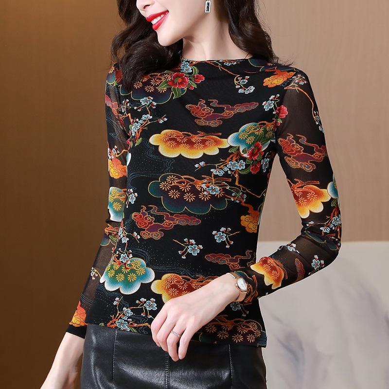 Spring and Autumn New Mesh Top Turtleneck Bottom Shirt Women's Thin Large Size Yarn Slim Versatile Long Sleeve T-Shirt