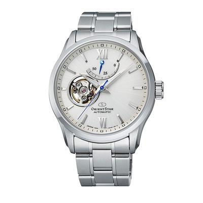 Orient Star Contemporary Open Heart Silbernes Zifferblatt Saphirglas Automatik-Uhr RE-AT0003S