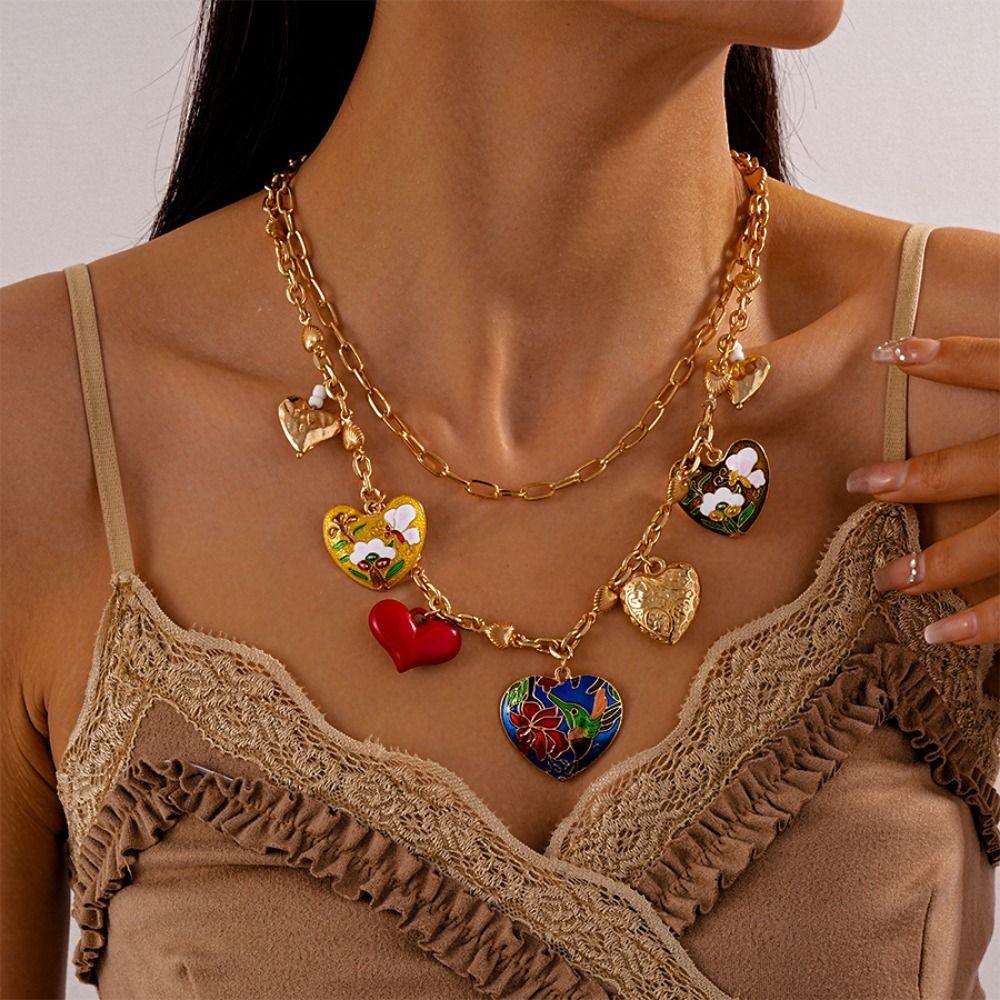 Flower Big Heart Pendant Necklace Dripping Oil Clavicle Chain Trendy Double Layer Necklace  Women