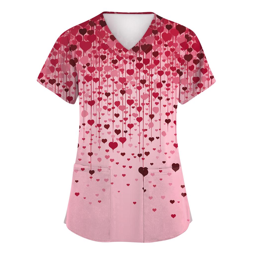 Women's Fashion Short-Sleeve Valentine's Day Print V-Neck Pocket Workwear Top