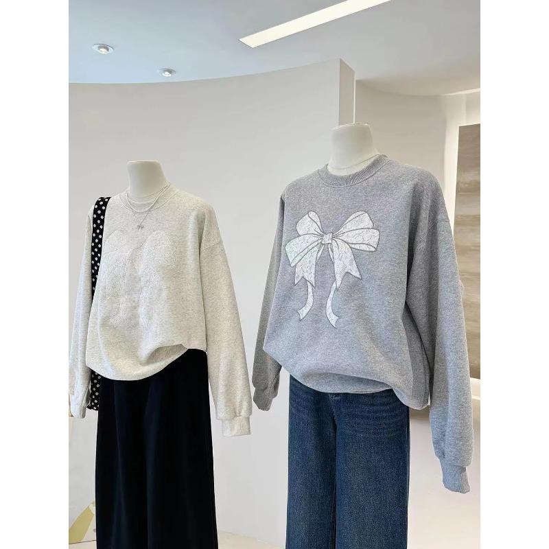 Lace Embroidered Bow Autumn Korean Style Versatile Long-sleeved Pullover Round Neck Sweatshirt Casual Women's Top