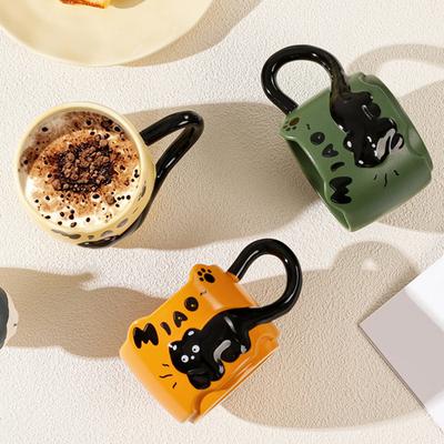 Cat Stackable Coffee Mugs 380ml Capacity Cute Cat Theme Meow Cups Space-Saving Ceramic