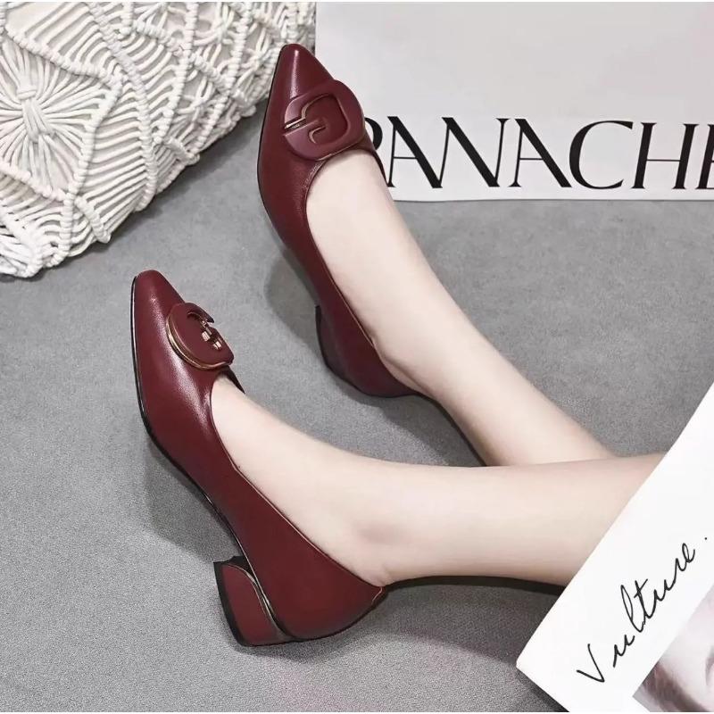 Fashion Women's Fashion Thin Heel Shoes Autumn New Shallow Mouth Pointed Head Metal Buckle Slip-on Wear-resistant High Heels