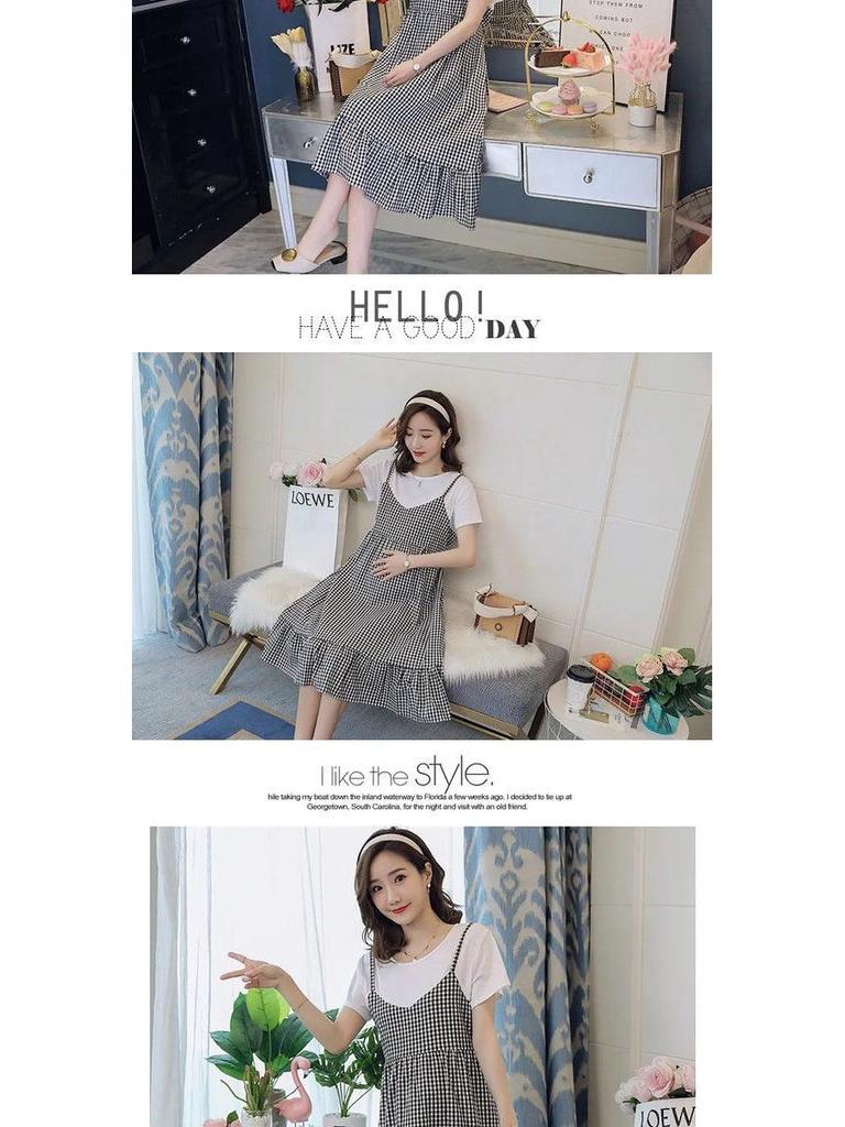 Koreańska Ciążowa Sukienka w Kratę Plus Size - Krótki Rękaw, Efekt Dwuczęściowy, Luźny Krój, Okrągły Dekolt