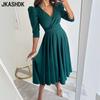 Women's Fashion Summer Spring Solid Color Print 3/4 Sleeves V-Neck High Waist Casual Dresses