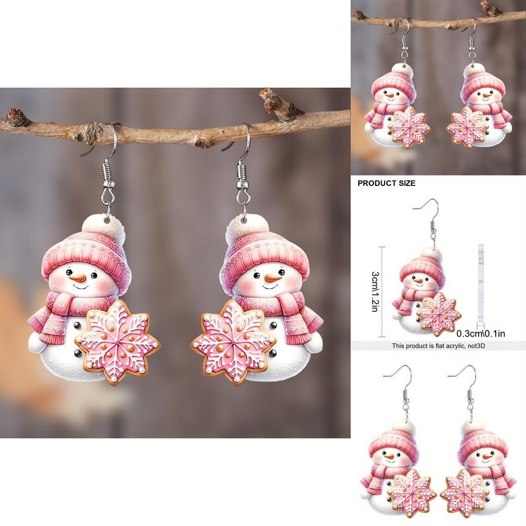 Christmas Theme Cute Cartoon Pink Hat Scarf Snowman Pattern Women Earrings For Festive Wear
