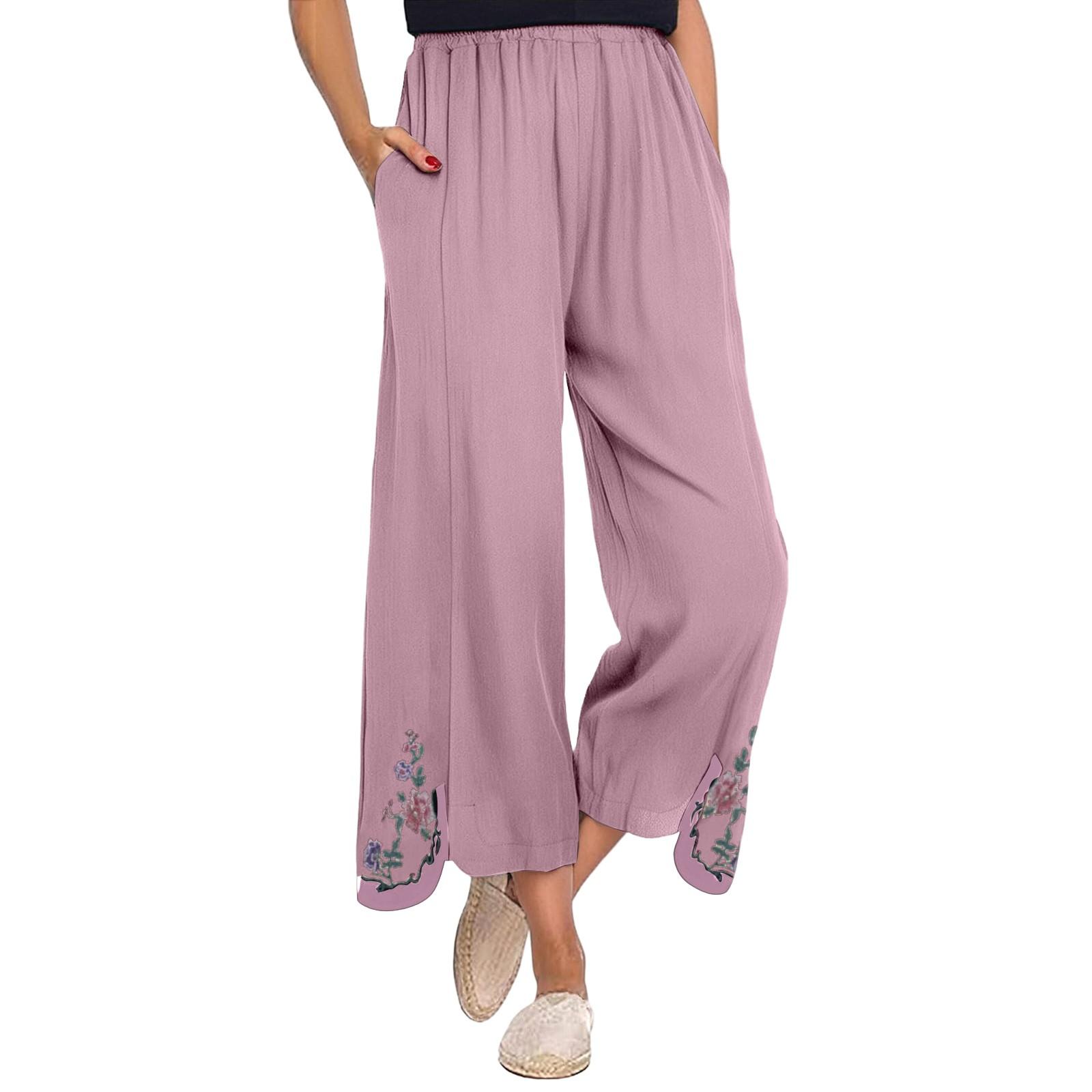 Women s Summer Color Embroidery Decoration Cotton And Linen Loose Nine-point Pants L