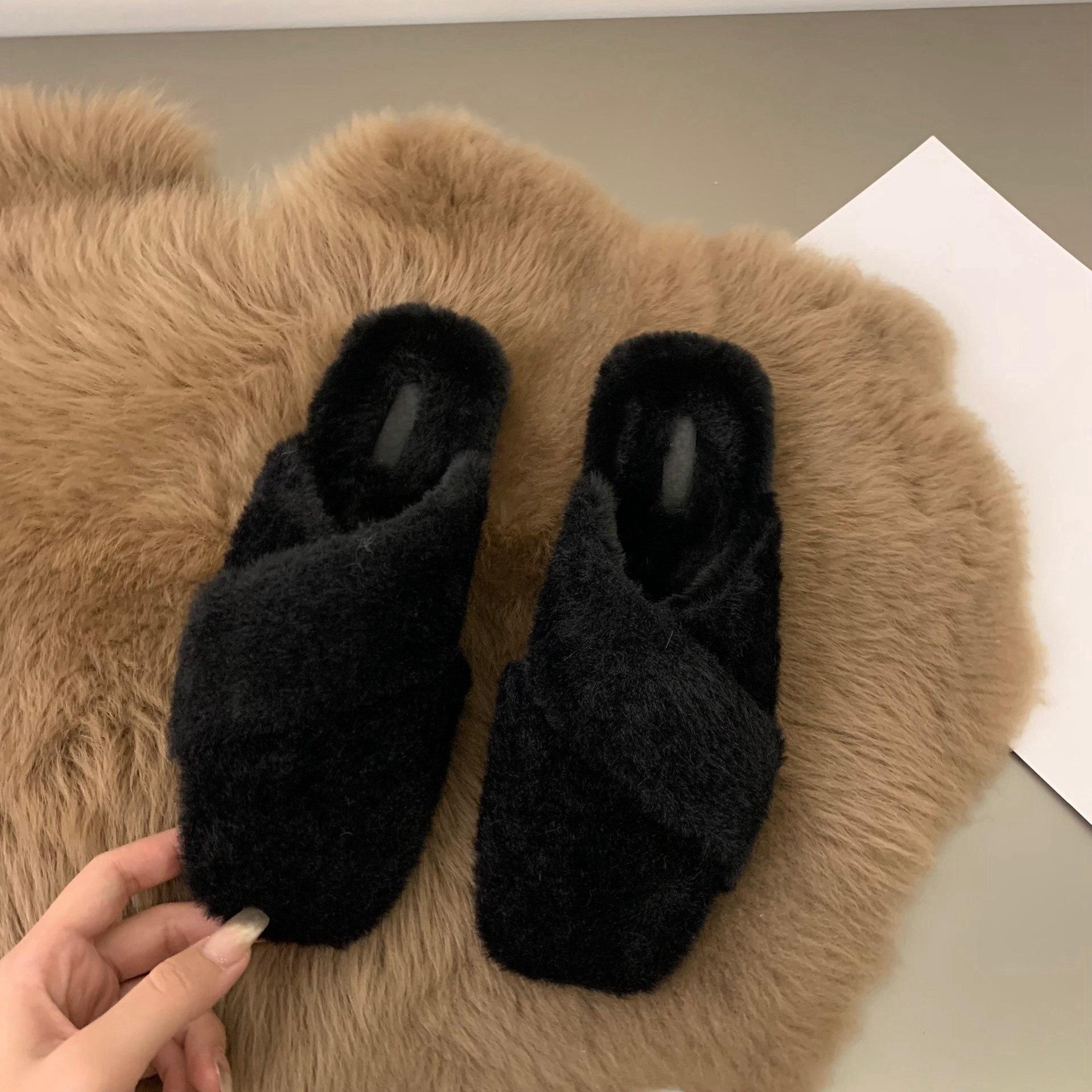 

Полутапочки с плоским дном и головкой-мешком, женская обувь, новинка 2024 года, осенне-зимняя обувь с одной педалью и полуподдержкой, обувь Mao Mao 35 чёрный