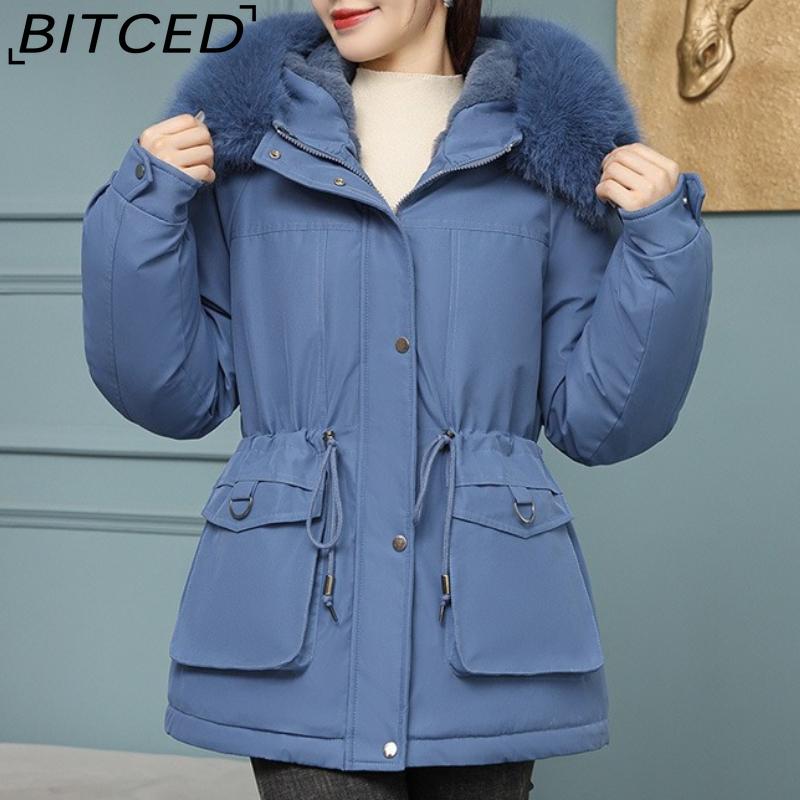 BITCED Women's Fleece-Lined Thickened Puffer Coat - Short Winter Style with Large Fur Collar, Slim-Fit and Flattering Cotton-Blend Outerwear
